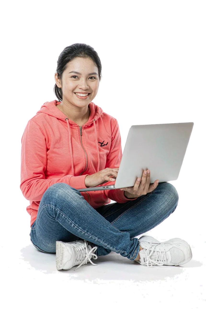 A panel member completing a survey on her laptop